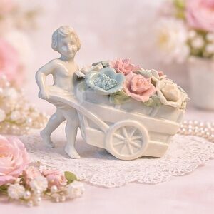 Vintage Porcelain Cherub Flower Cart Planter | Pastel Floral Figurine